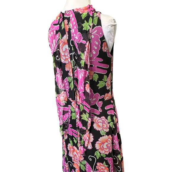 Vintage 60s/70s Black Butterfly Floral Printed Maxi Dress Medium - Picture 4 of 5